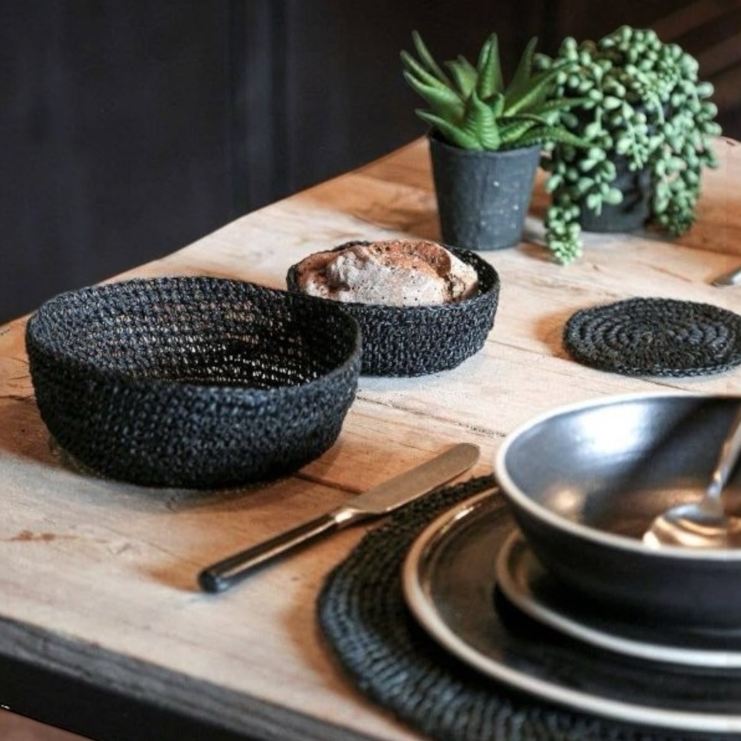 Häkelkorb Abaca Schwarz