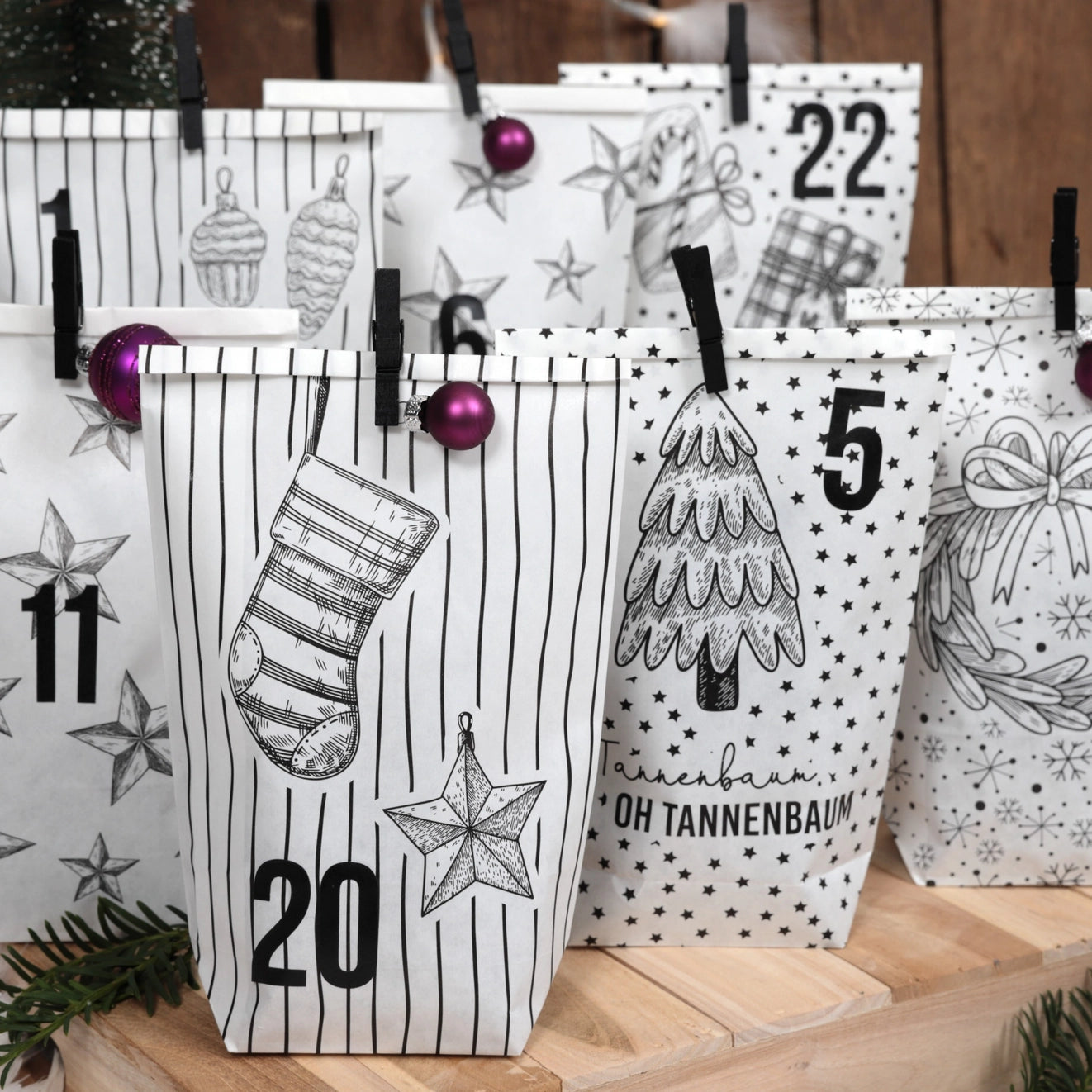 Papierdrachen Adventskalender bedruckt Schwarz